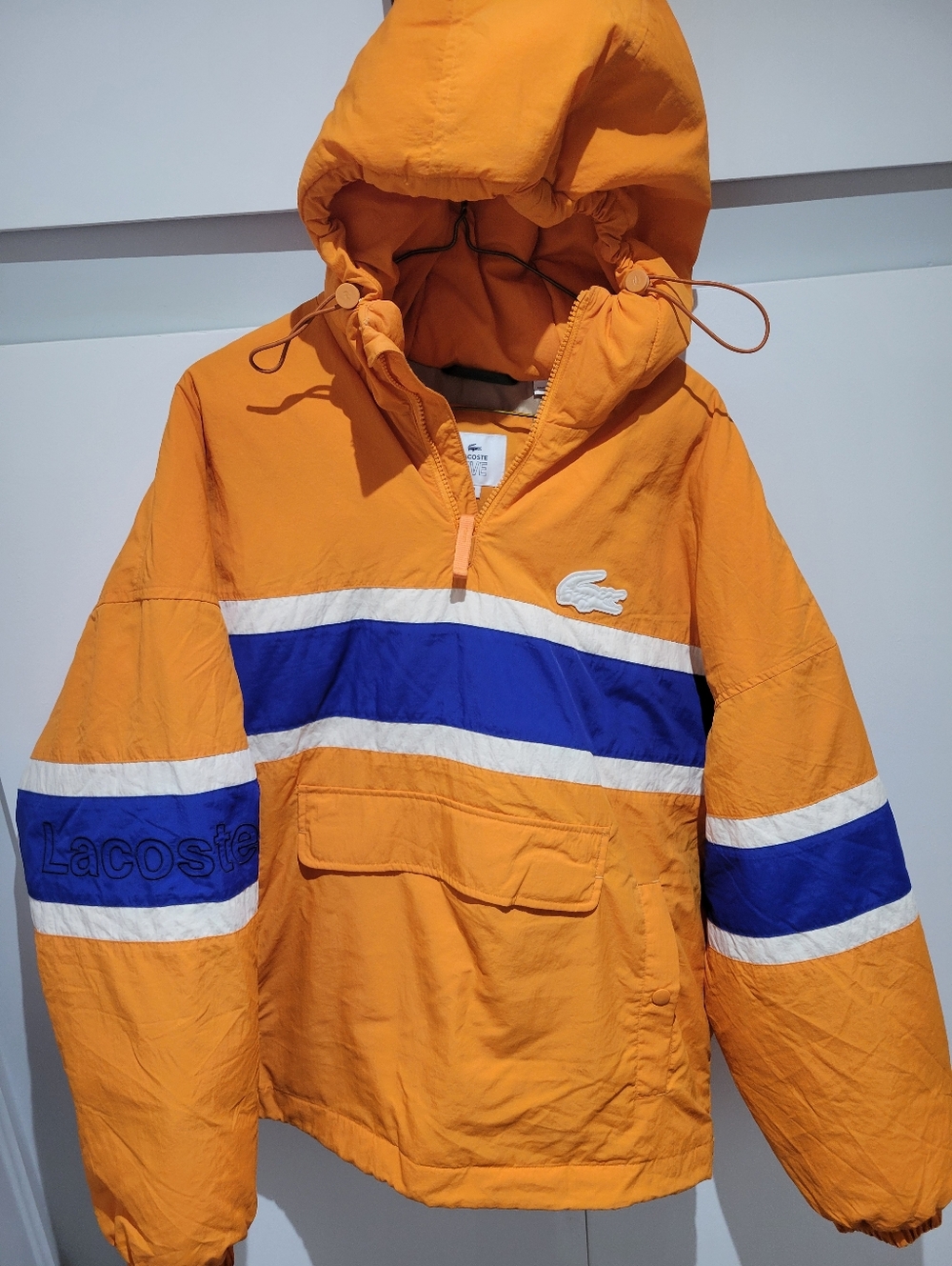 Lacoste L!ve Orange Quilted Puffer Jacket with Blue & White Stripe, Size Small